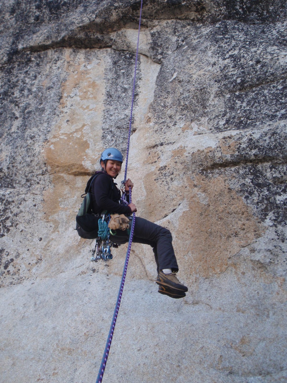 Monica, hanging free on rappel off the east side of DAFF Dome.