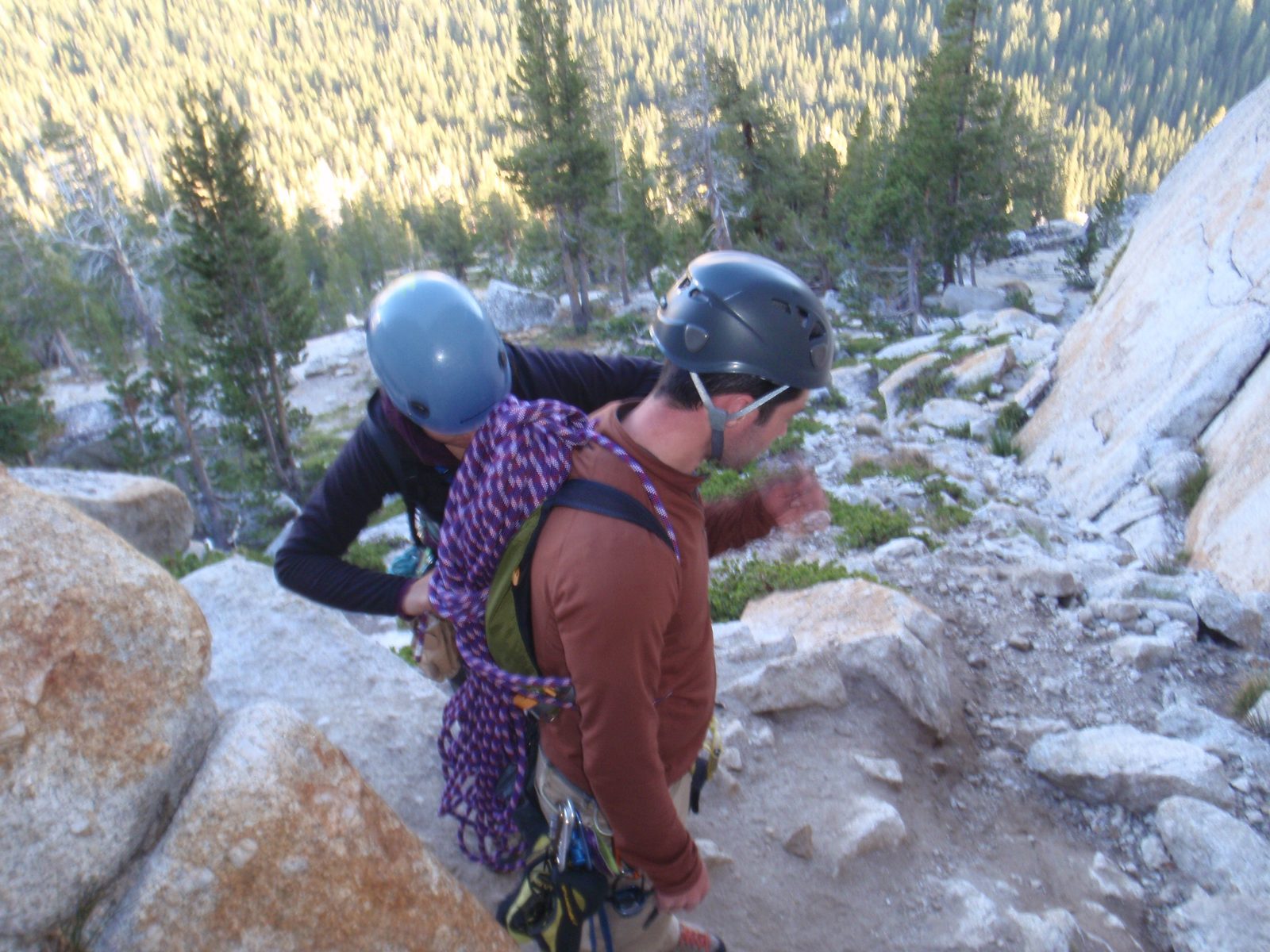 Monica helps make Alex a rope backpack on our way back to the car.