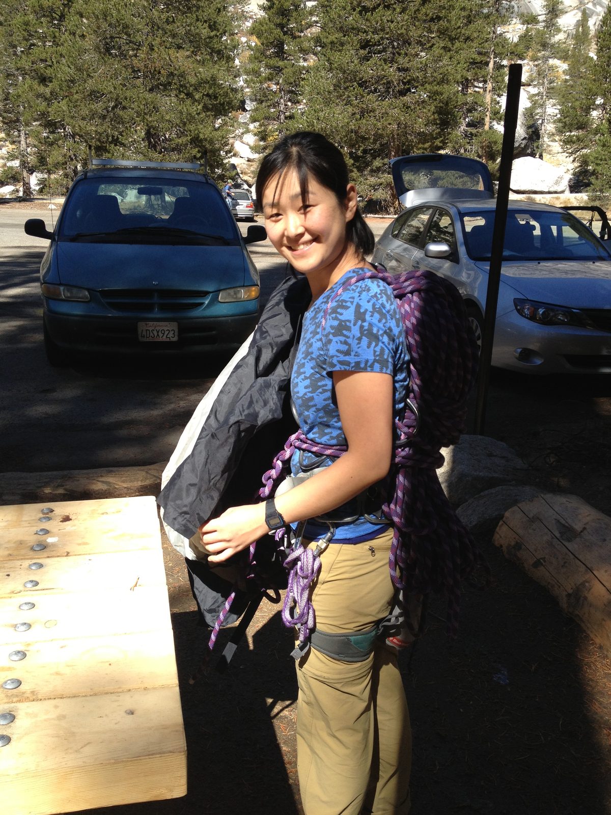 Monica, racking up in the parking lot at the east end of Tenaya Lake.