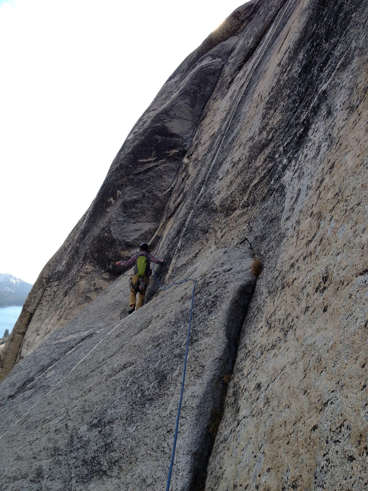 Monica on the 5.7 no-pro traverse on pitch 4.