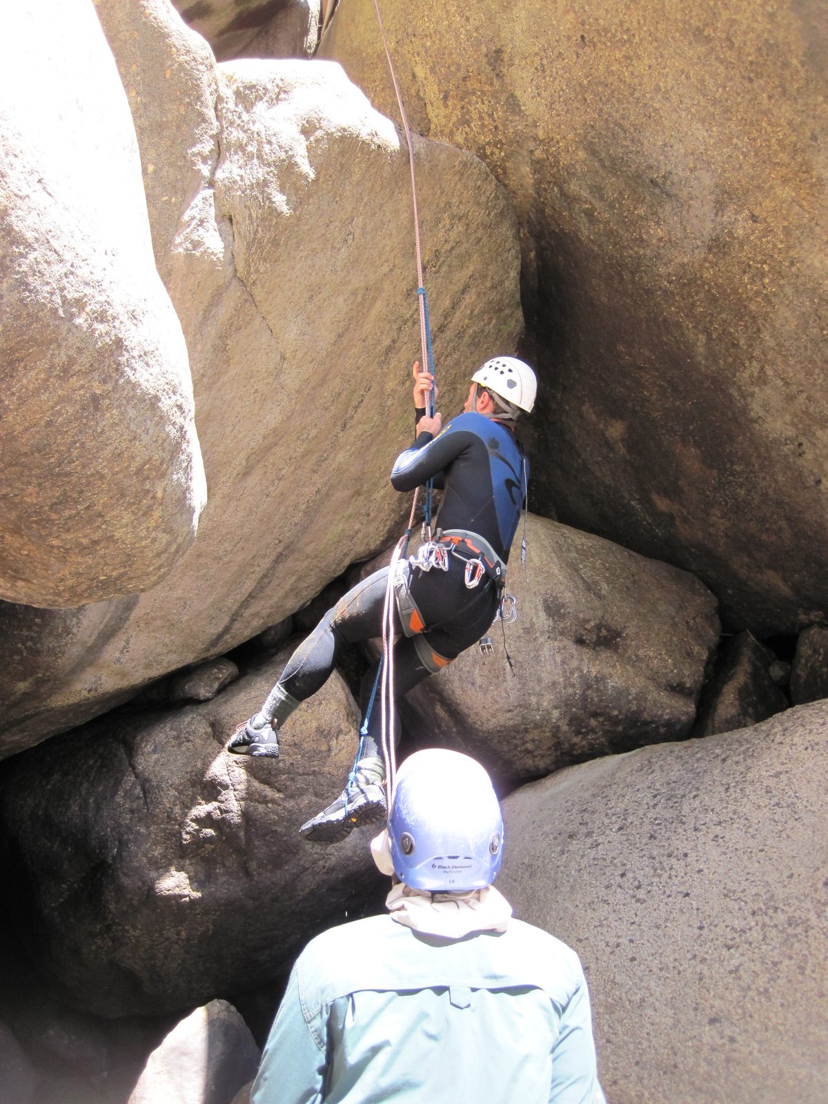 Colin, jumaring back up the stuck rope. Apparently the rope got stuck on the pull. I had gone...