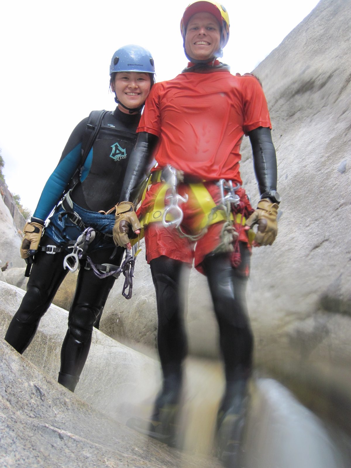Monica and John, at the top of the rappel through the waterfall. 