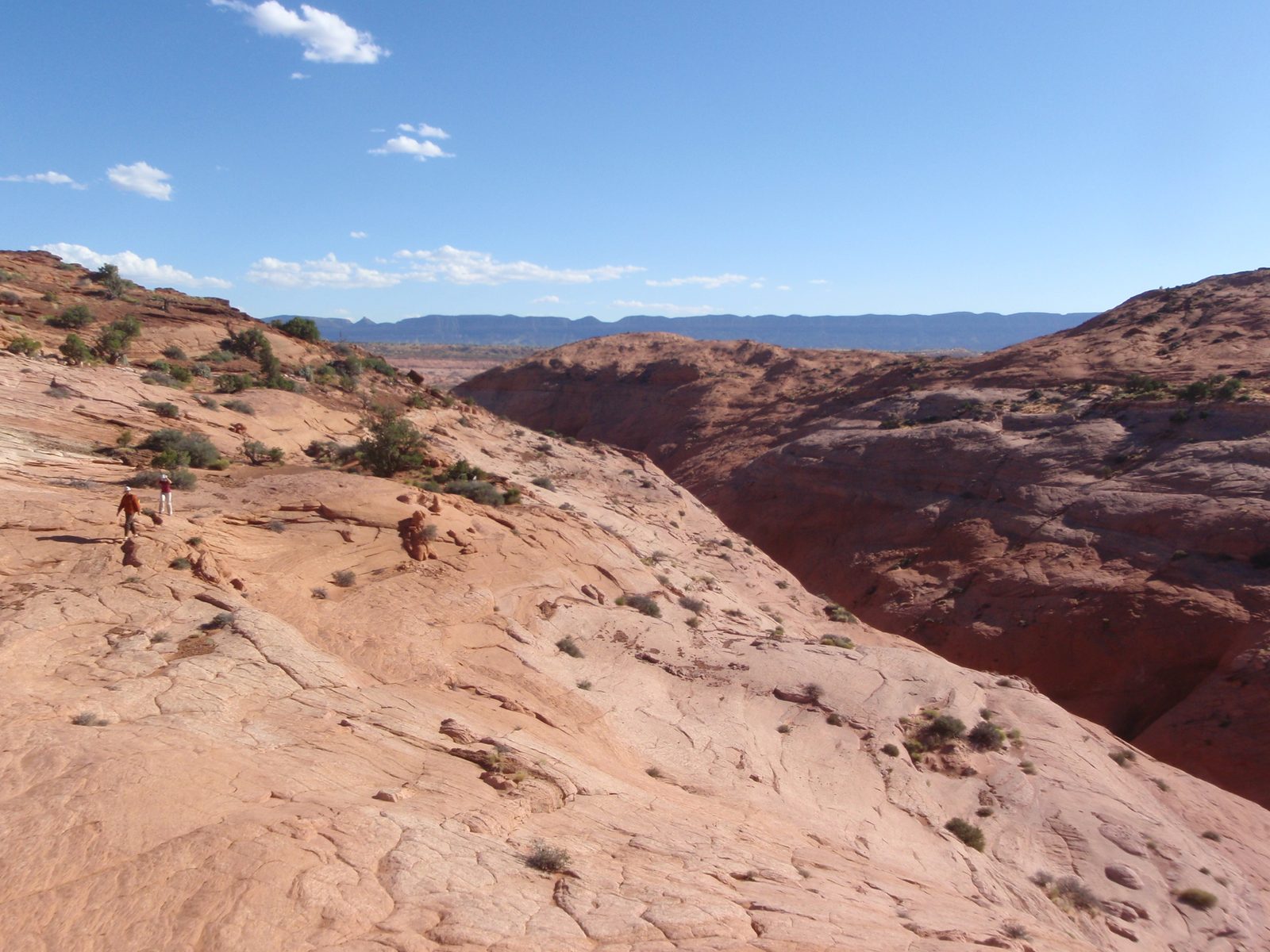 Joel and Turtle hiking along. Way in the distance before those mountains is the Escalante River.