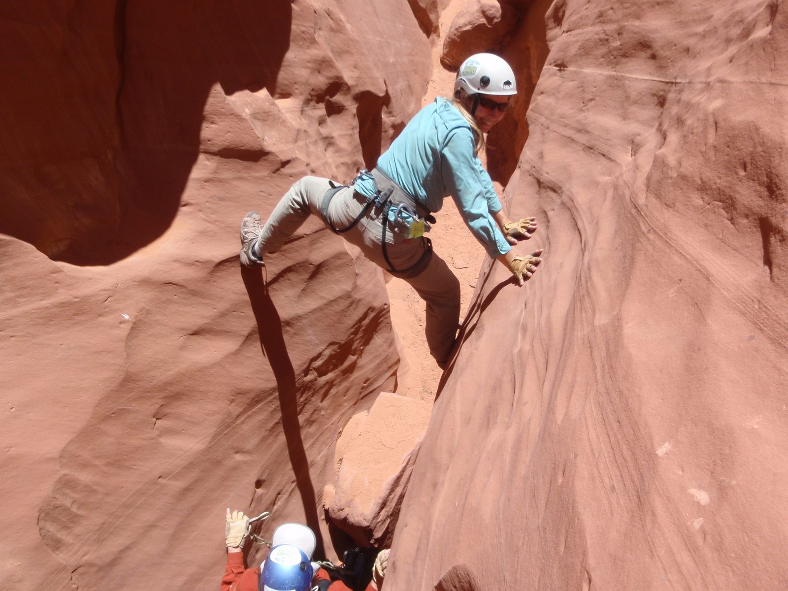 Meredith finding a way to move down canyon. Joel below.