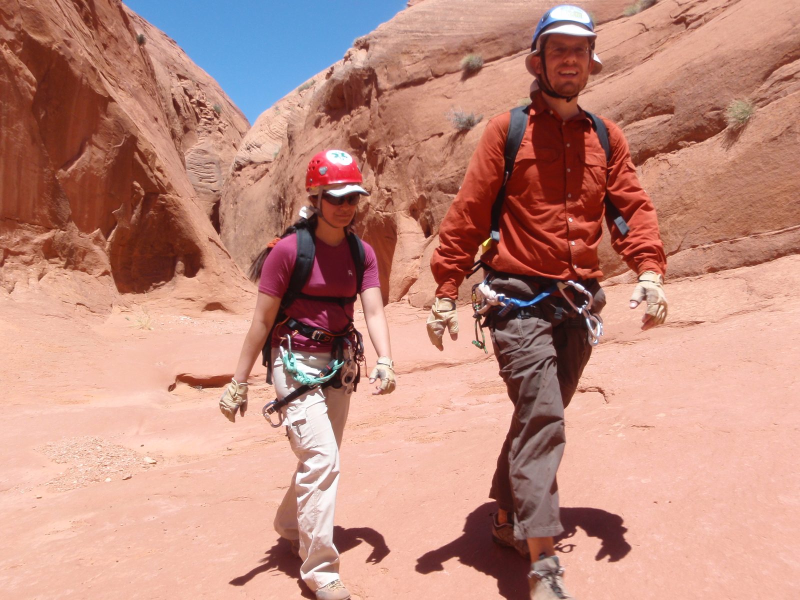 Joel and Turtle marching through a wide section of canyon.