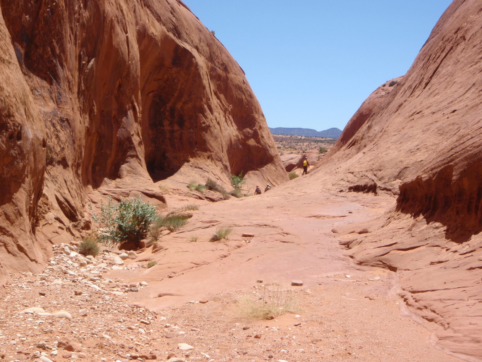 The crew hiking downstream with the Escalante drainage in the background.