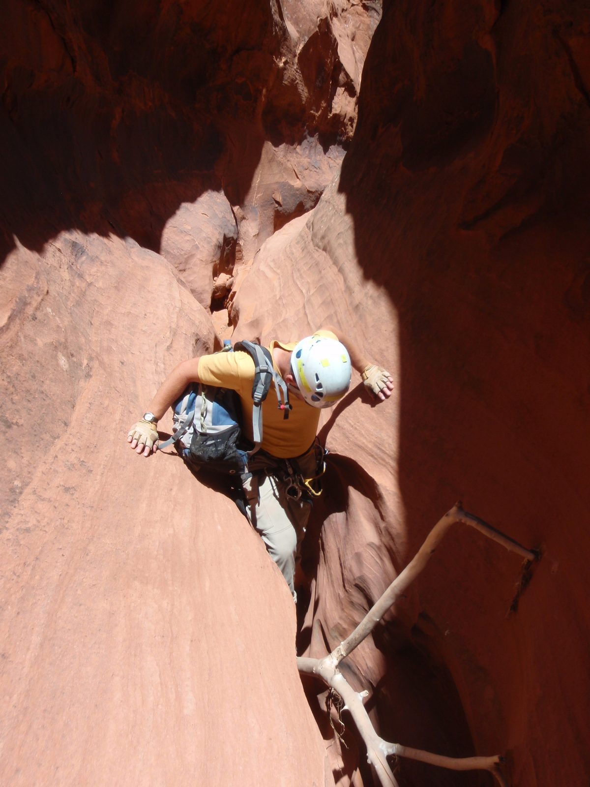 Andy, downclimbing past an obstacle.