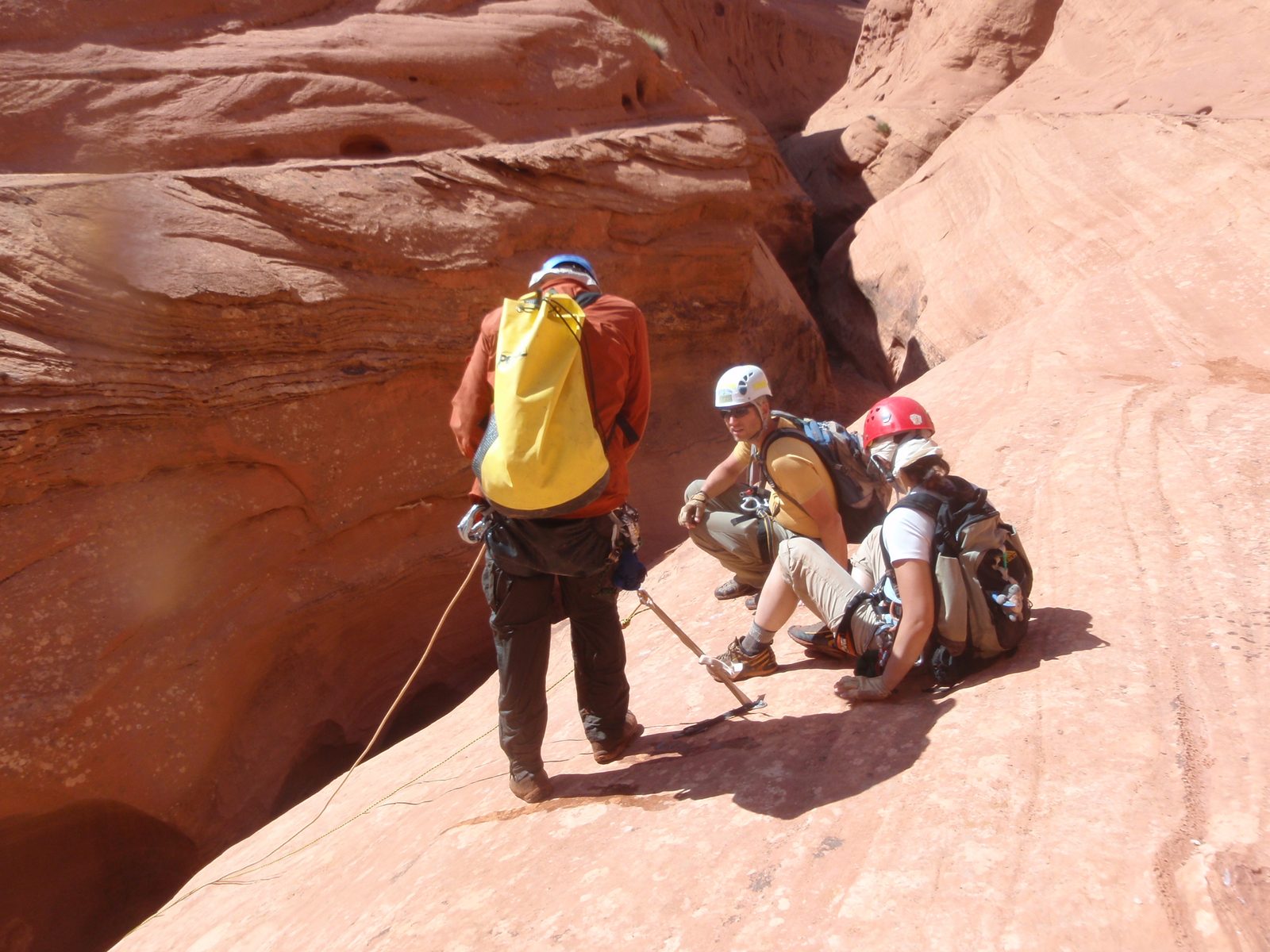 Setting up a rappel on a fixed line to avoid the keeper pothole.
