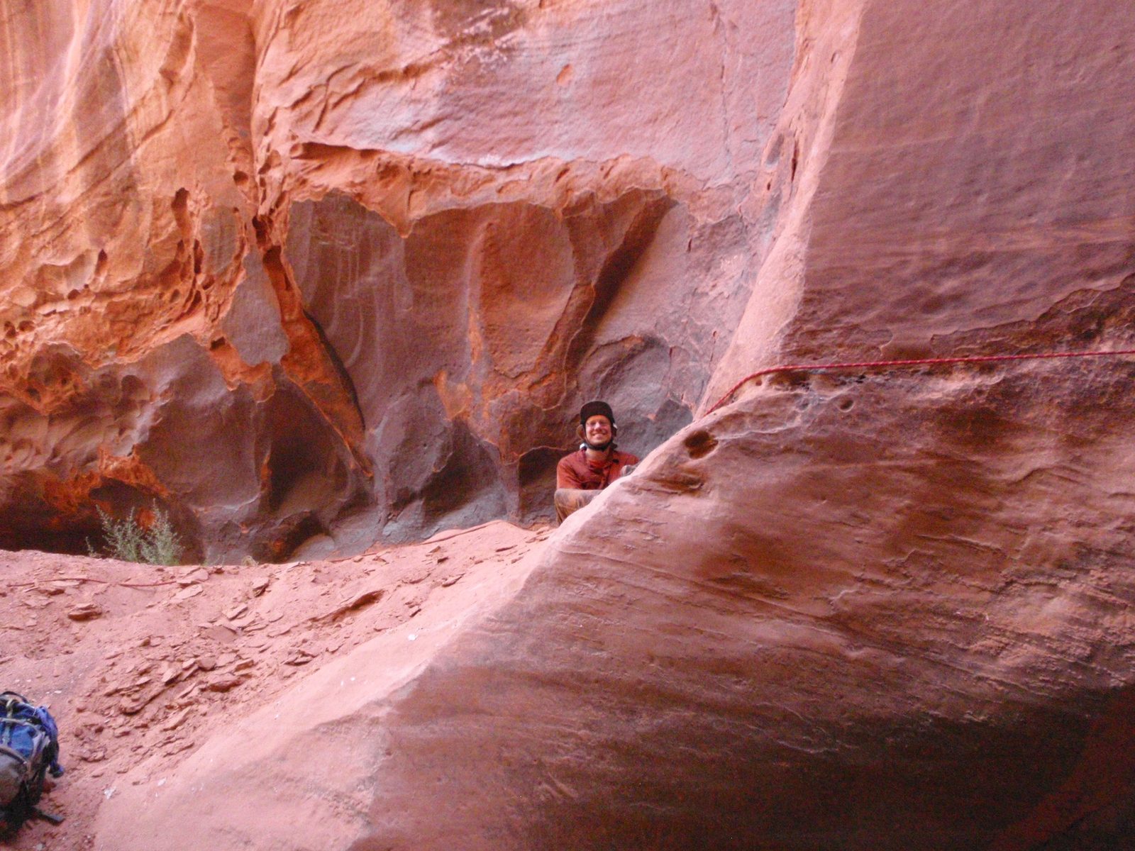 Next step was for Joel to take one end of the rope (which he had trailed behind him) and set up...