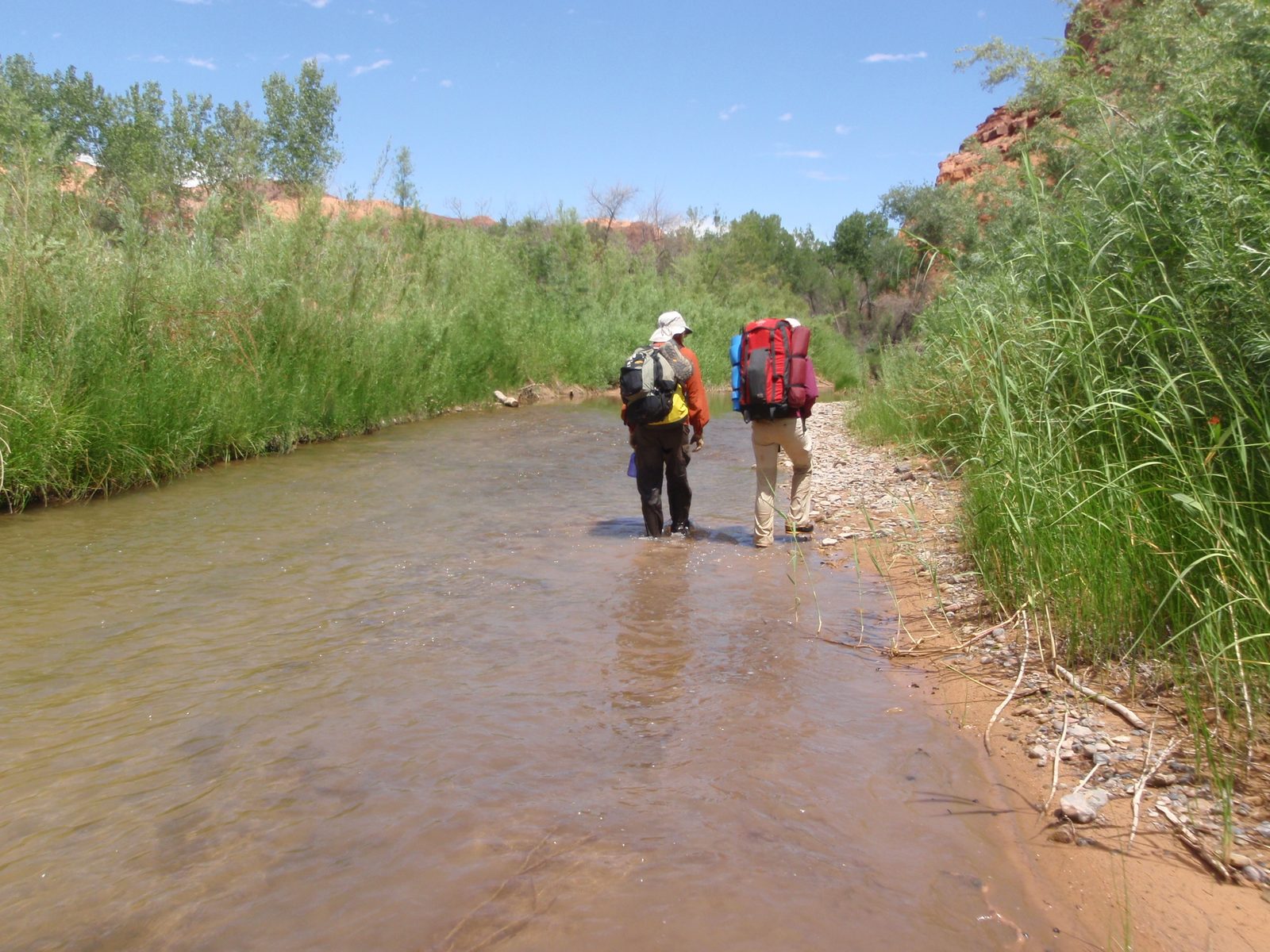 Turtle and Joel hike back through the Escalante River.