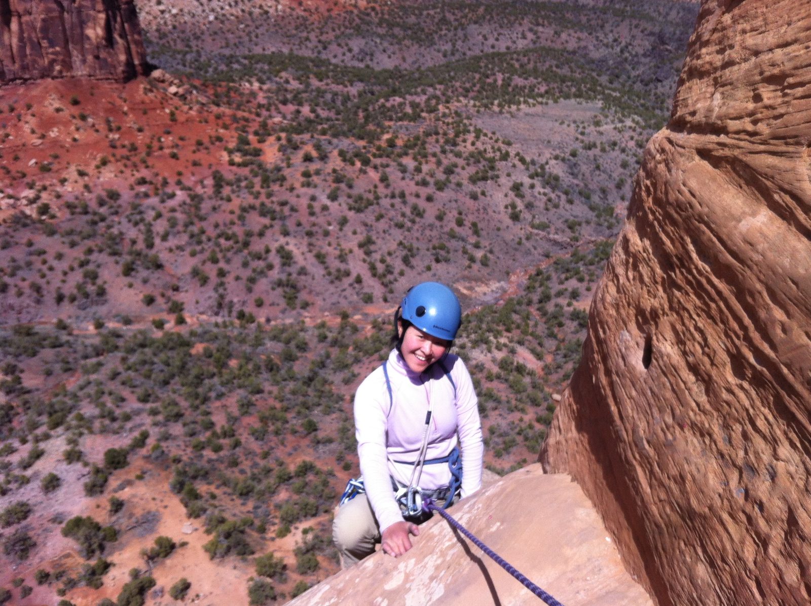Here comes Monica, top of the 3rd pitch. Note the manufactured hold at the right, and the pocket...