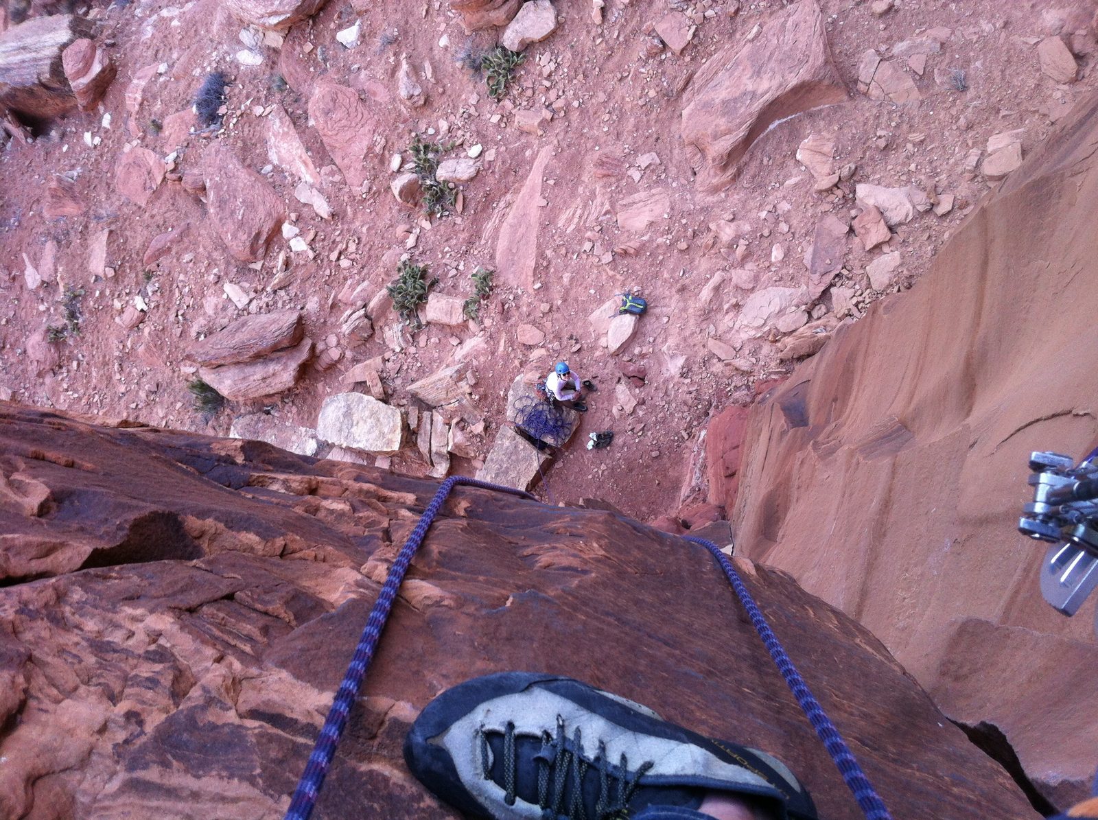 John from the belay ledge/stance at the top of Pitch 1 of Dewar Dihedral.
