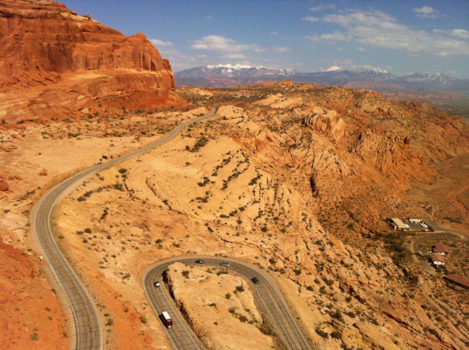 View of the road from the top. Also the Lasal Mountains still covered in snow.