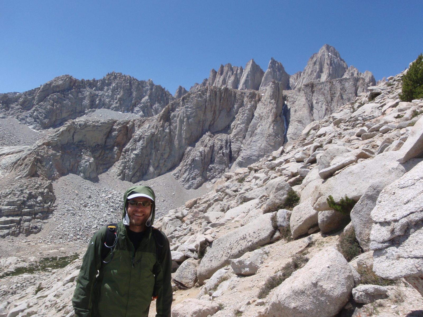 John, starting the hike up Mt. Russell, with (from right to left in the background) Mt. Whitney,...