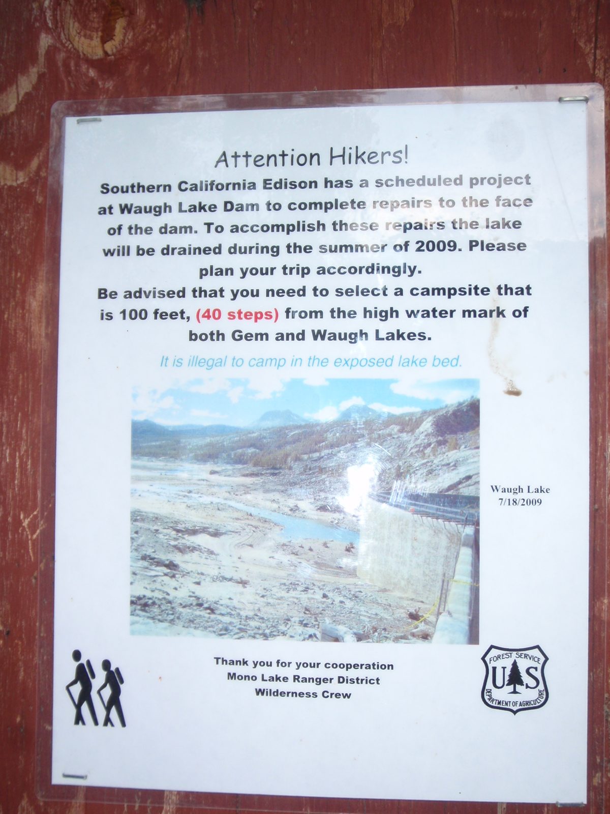 Well, here's the story behind Waugh Lake.  No sign on the Yosemite side, and the rangers didn't...