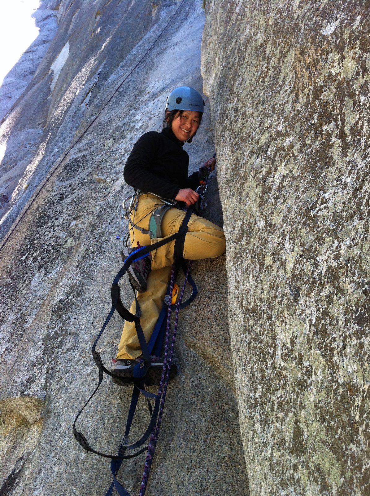 Monica on her first real outdoor aid climb. Jugging and cleaning pitch 1 of La Escuela (5.11b)...