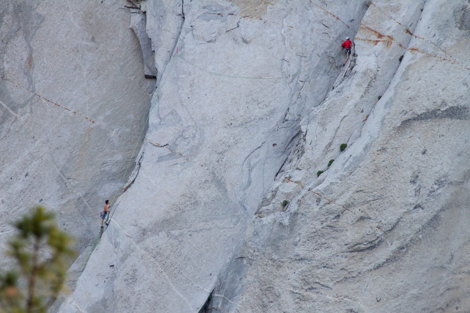 Alex (shirtless, bottom left) about to take the first pendulum swing of the route from above...