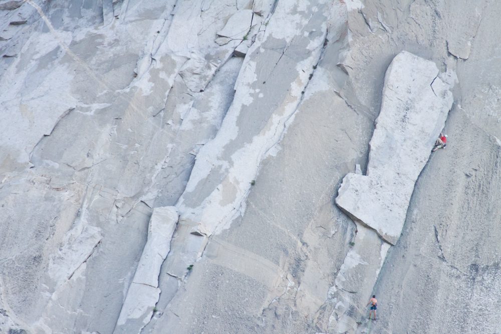 Alex Honnold belays Hans up the intimidating leaning Boot Flake that appears to have been glued...