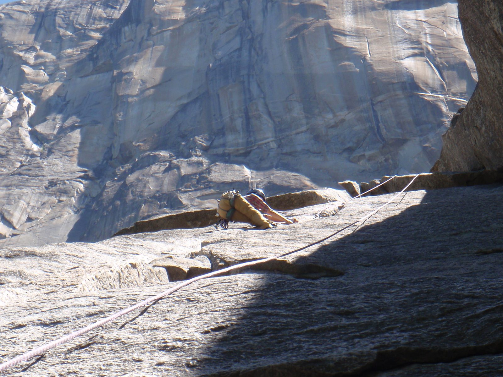 Monica breezing through the wide crux of Moby Dick (5.10a).