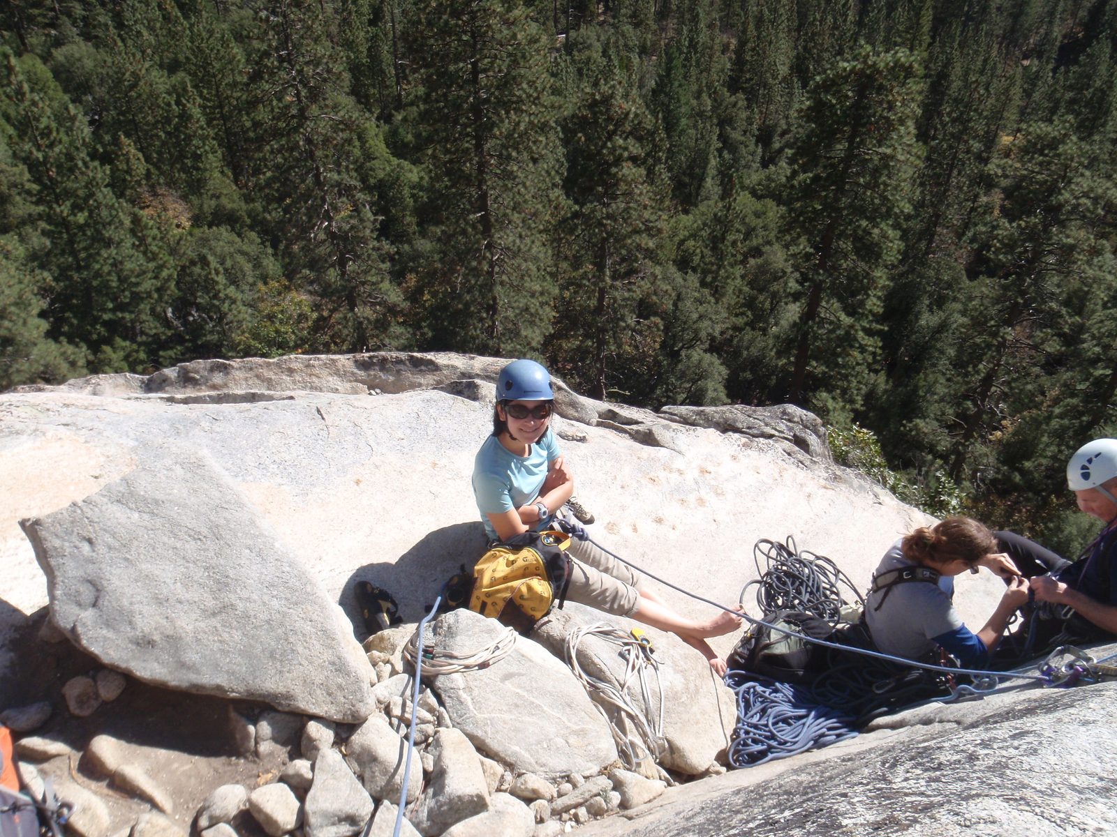 Monica, also hanging out sans-climbing shoes on our big ledge.