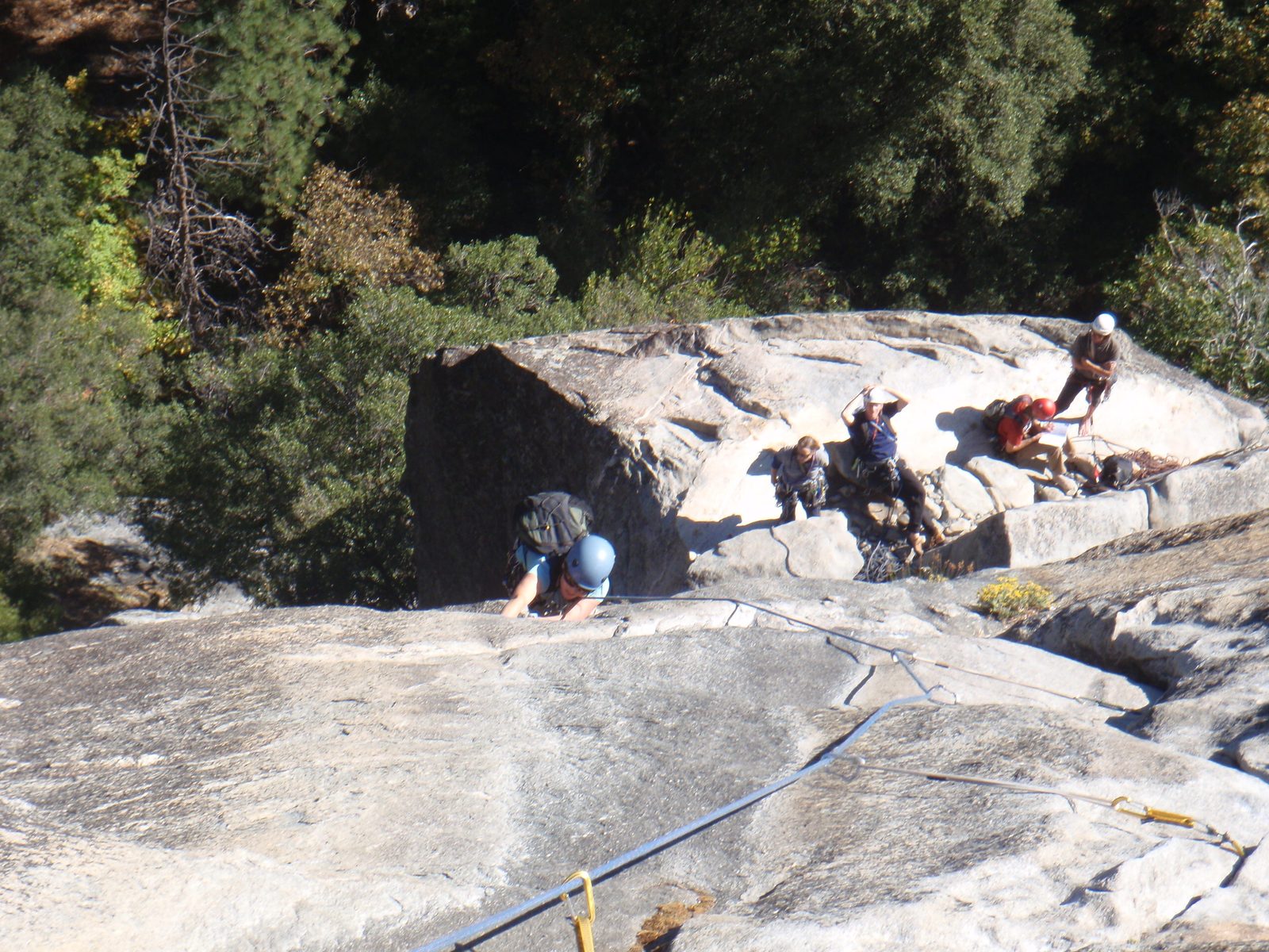 Monica hand-jamming up pitch 3. The climbers from Santa Cruz are at the left and then some...