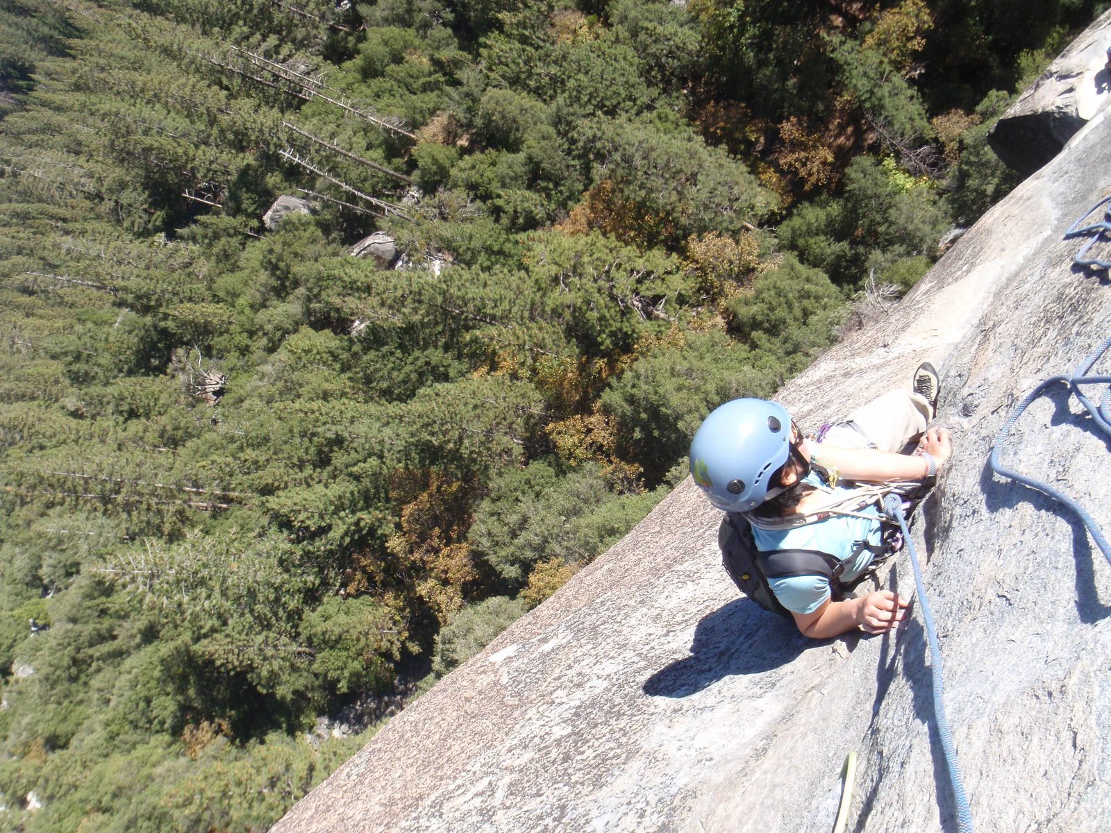 Monica hangs out a few feet shy of the belay ledge as there really wasn't room for 3.