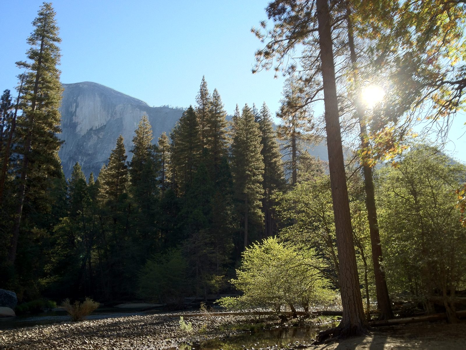 Sun rises above the shoulder of Half Dome during the walk from our campsite to Royal Arches area.