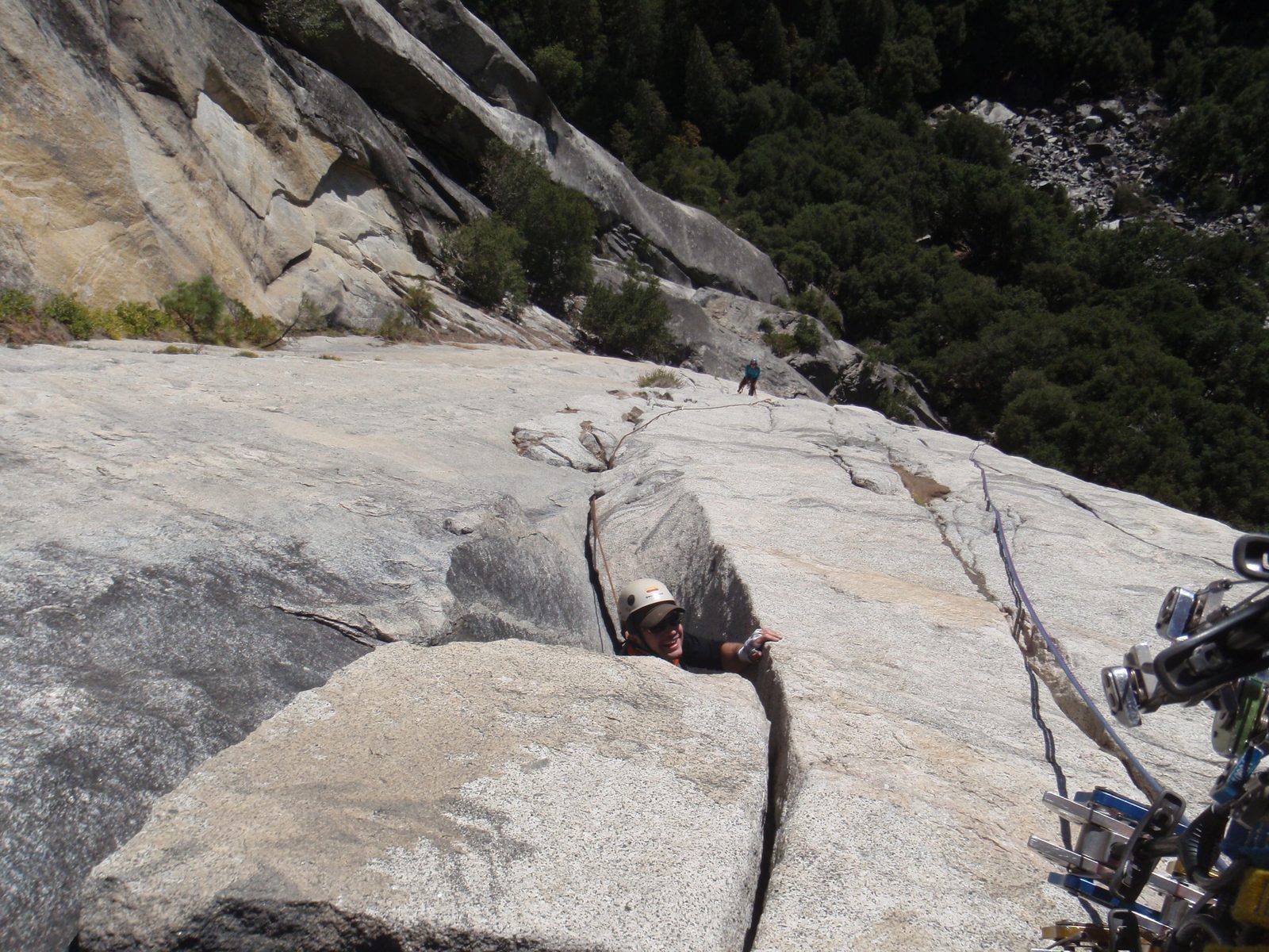Jeff on lead while Jen belays on pitch 4 of Super Slide (5.9).