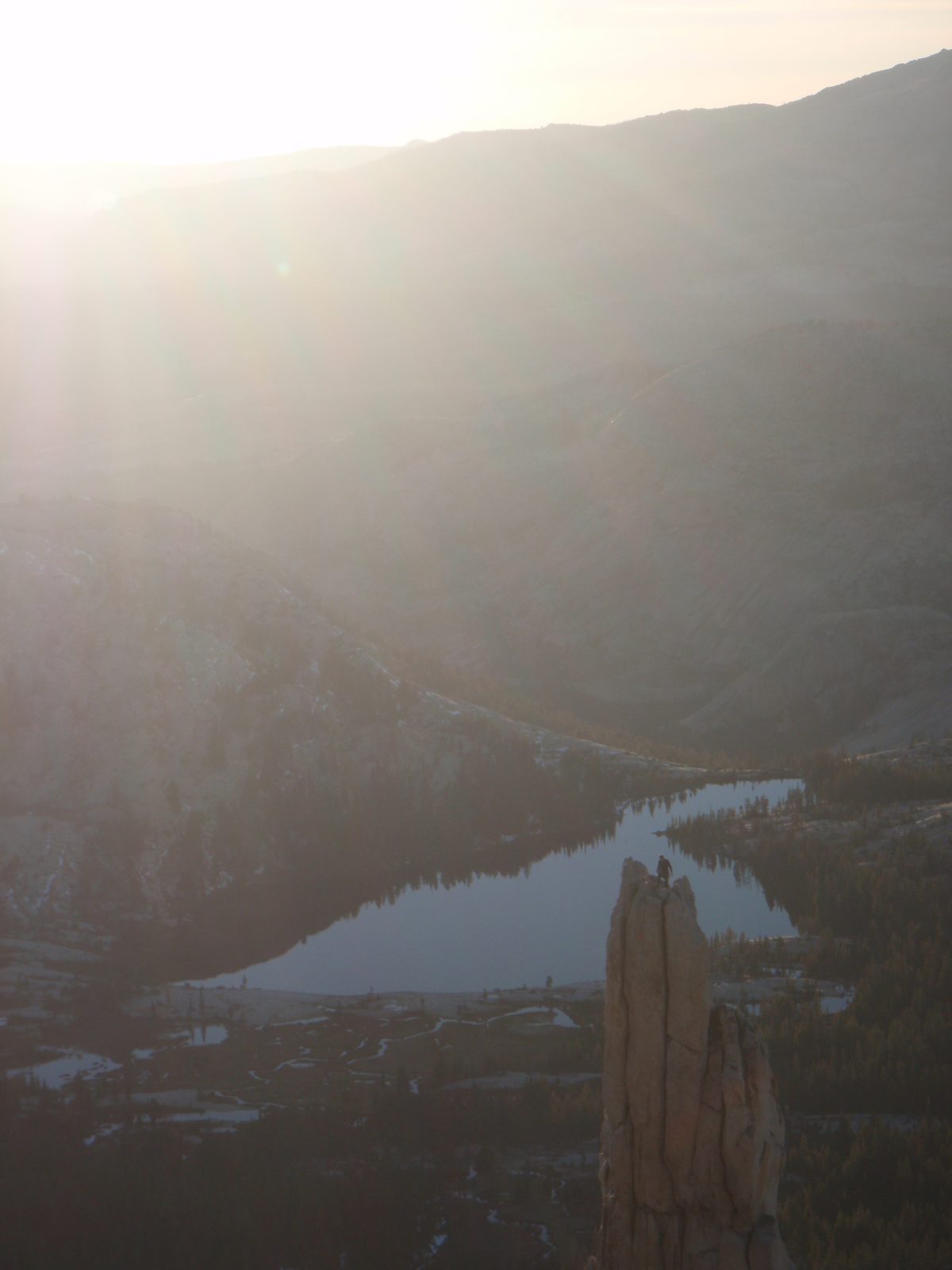 Eichorn's Pinnacle with a guy on top of it and Cathedral Lakes (the ones we couldn't quite see...
