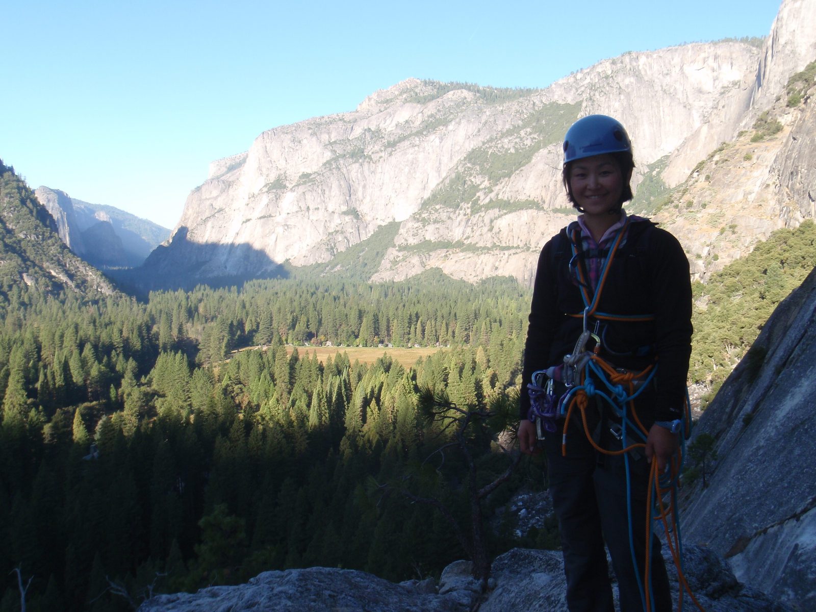 Monica, still in the shade around 8:30am at the top of pitch 3 or 4. We simul-climbed pitches 2,...