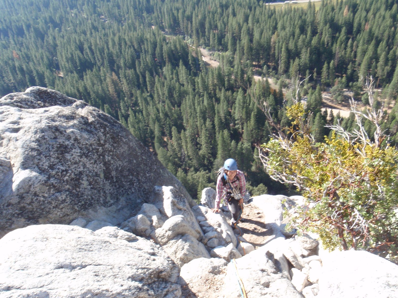 Monica, arriving at the belay ledge at top of pitch 6, almost 2.5 hours after starting the climb.