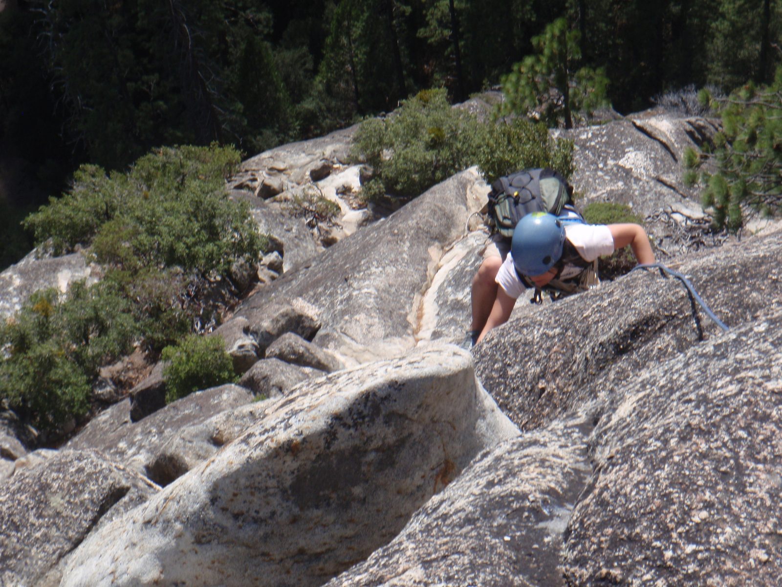 Monica making a crux traverse on the sixth and final pitch of After Six (which After Seven merged into).