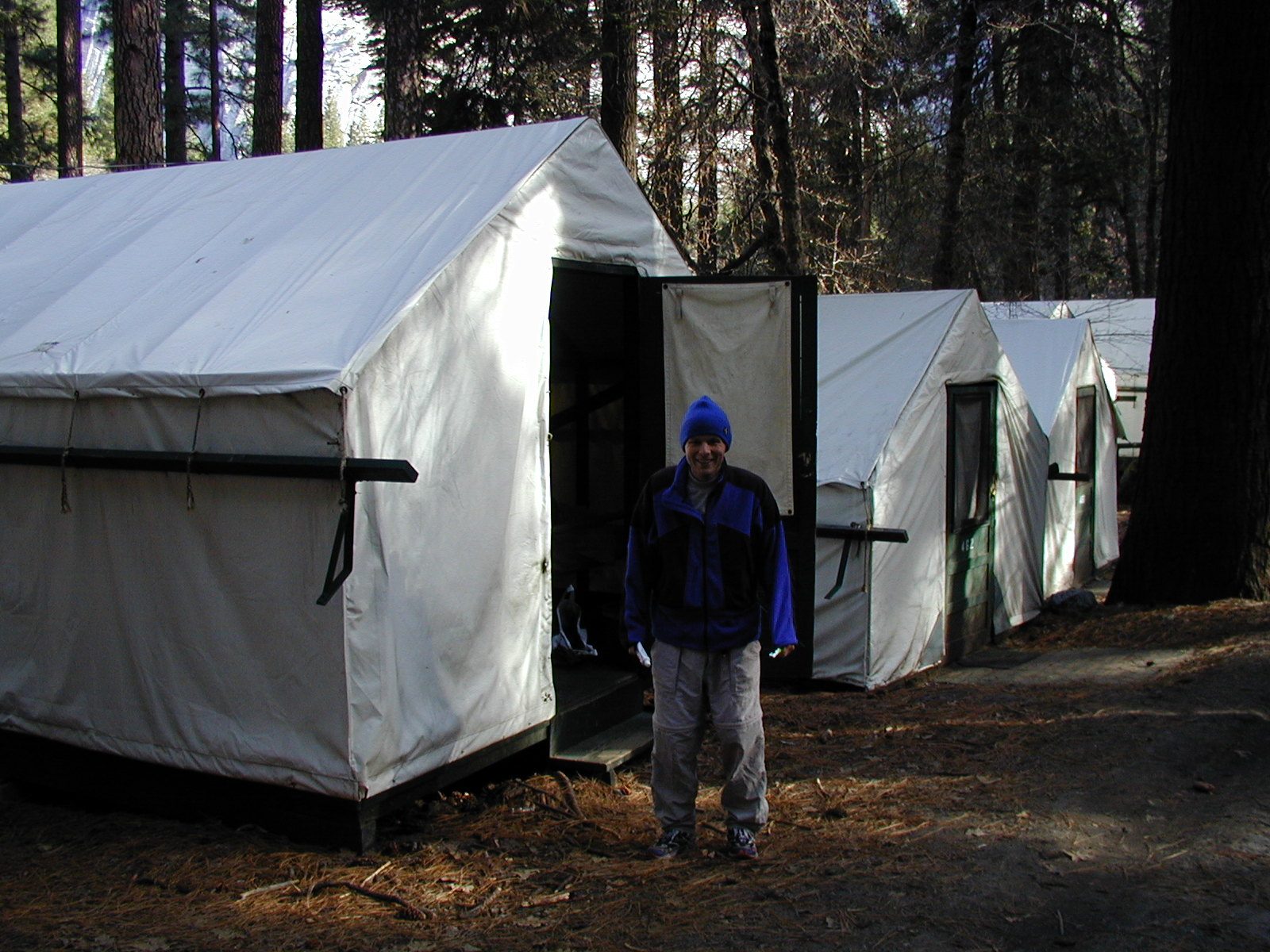 John ready to go hiking.  In front of our tent cabin in Curry Village.