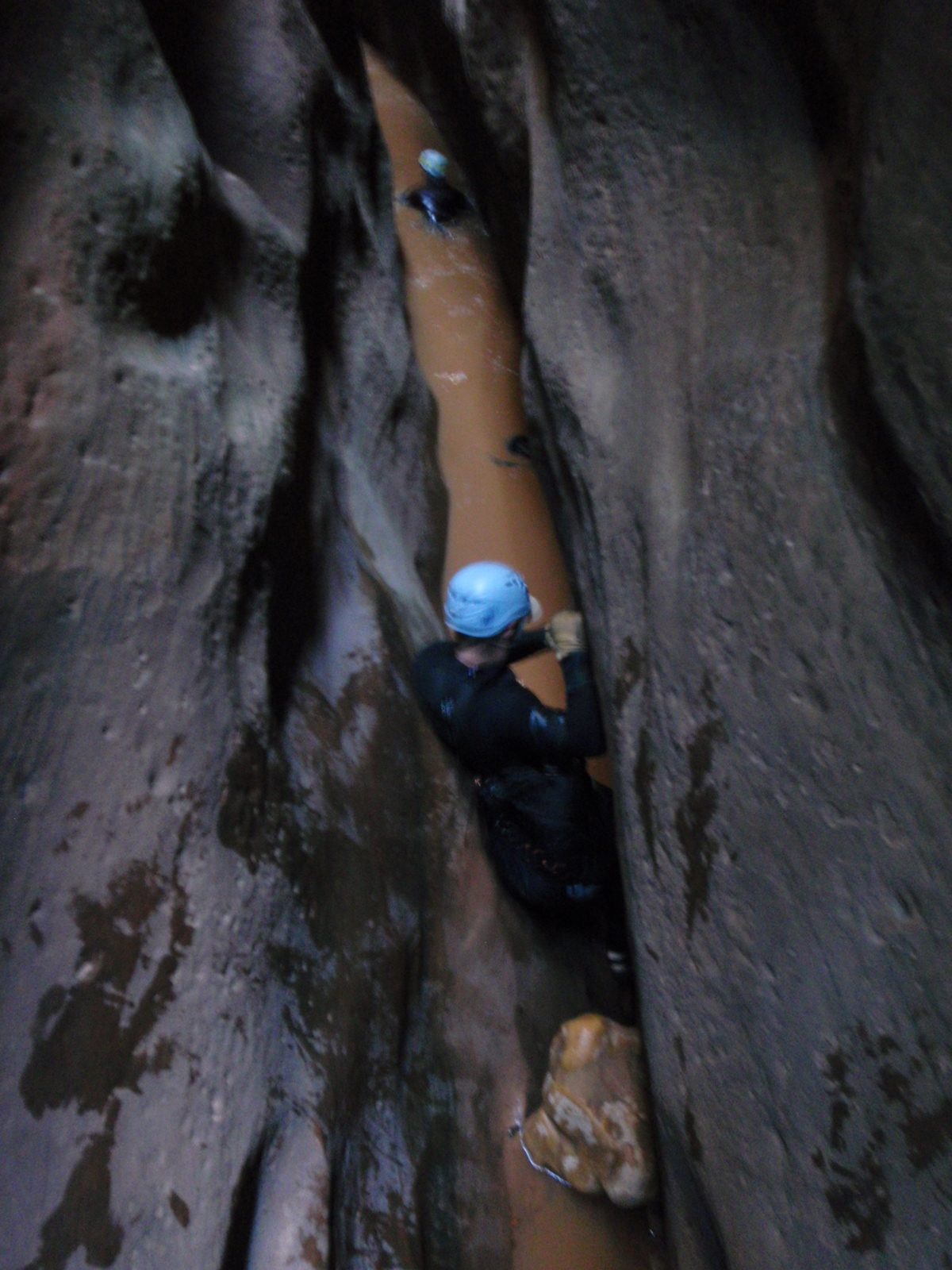 Mike making his way through the slanted corridor.  Andy swimming in the distance.