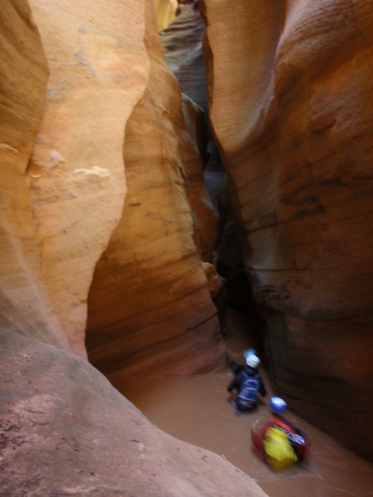 Andy leads the way with Joel right behind him through a section of narrows in Pine Creek Canyon.