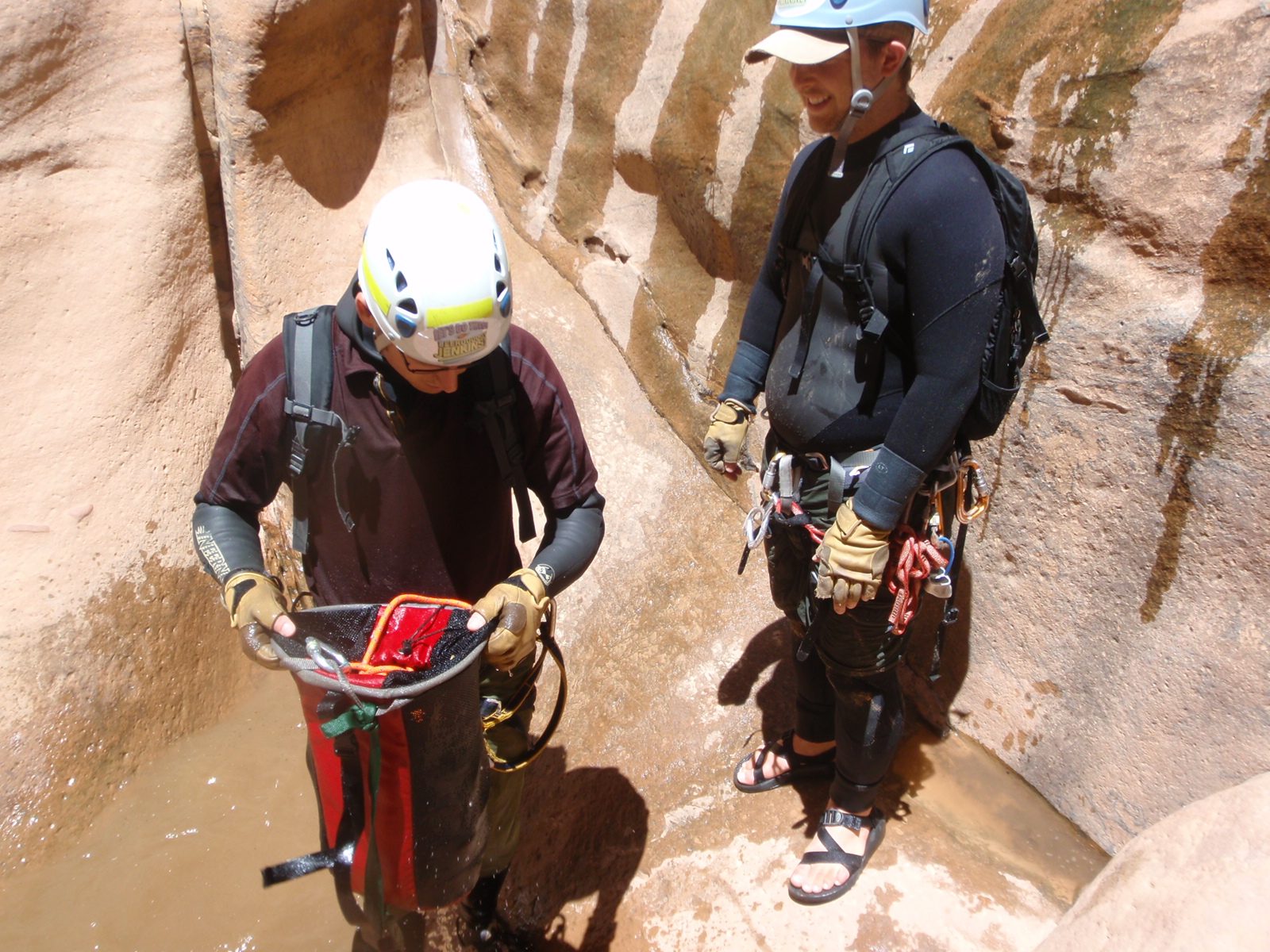 Andy and Mike wash the rope in Pine Creek Canyon.  Keeping dirt and sand out of the rope is...