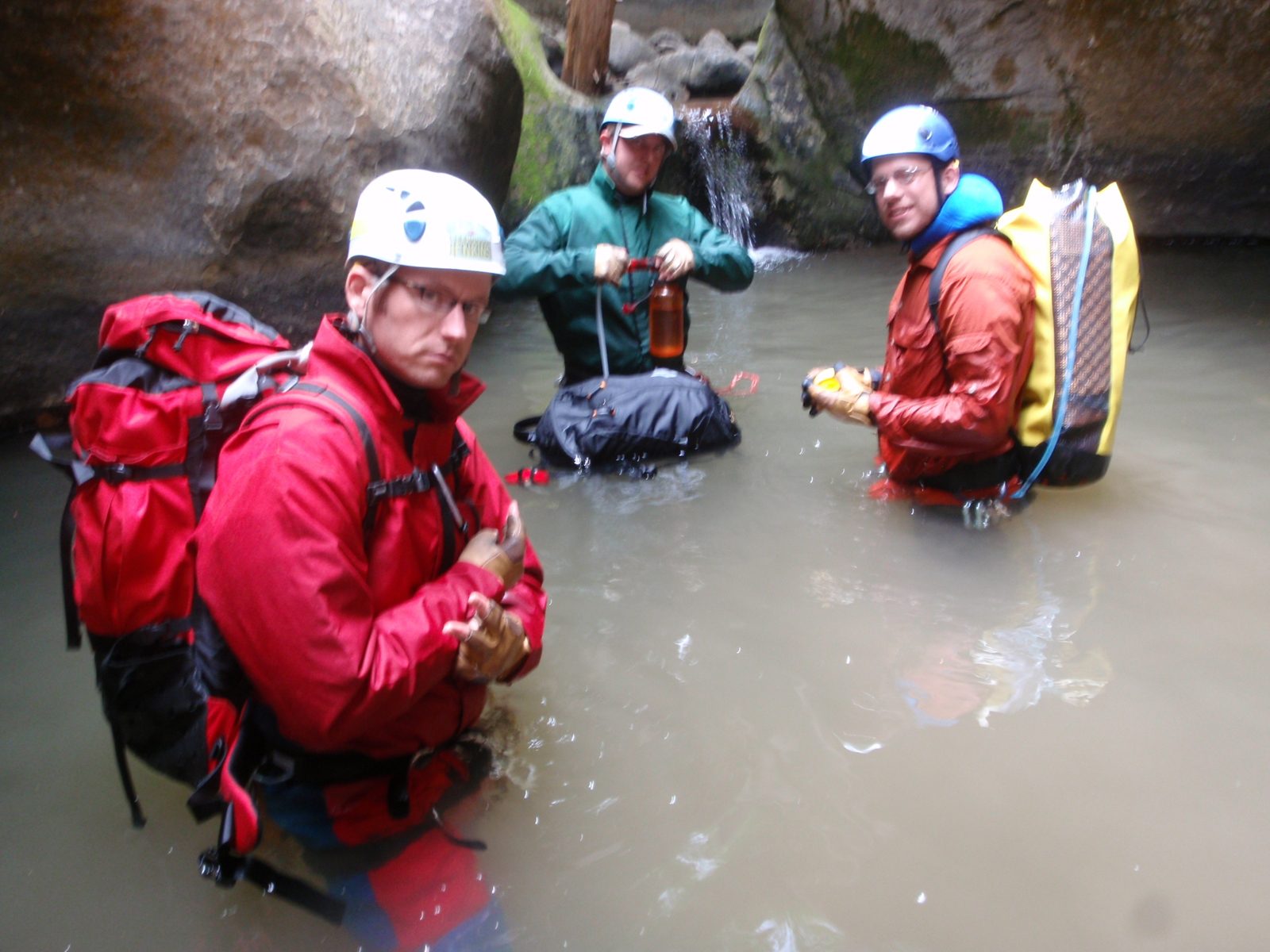 Standing in the water for the first time:  Andy (in front, in red), Mike (rear, green) and Joel...