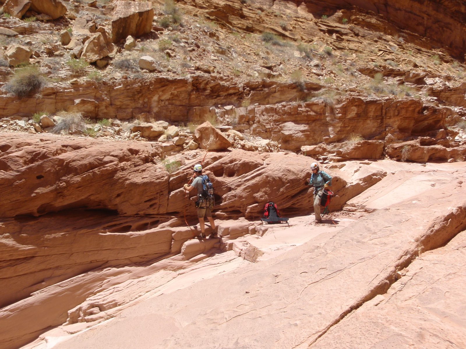 Andy and Meredith rigging our 3rd rappel:  this time we did need to resort to leaving gear as...