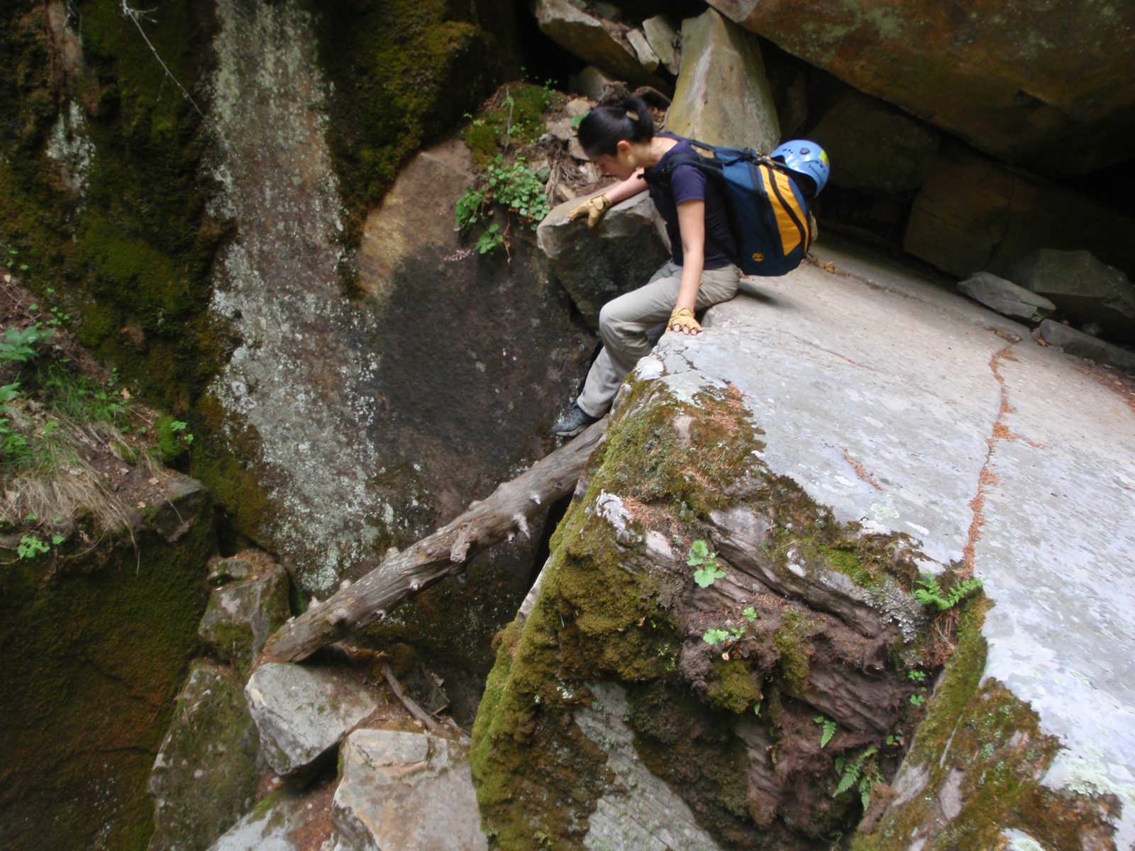 Monica takes some delicate steps on a downclimb in Bear Canyon.