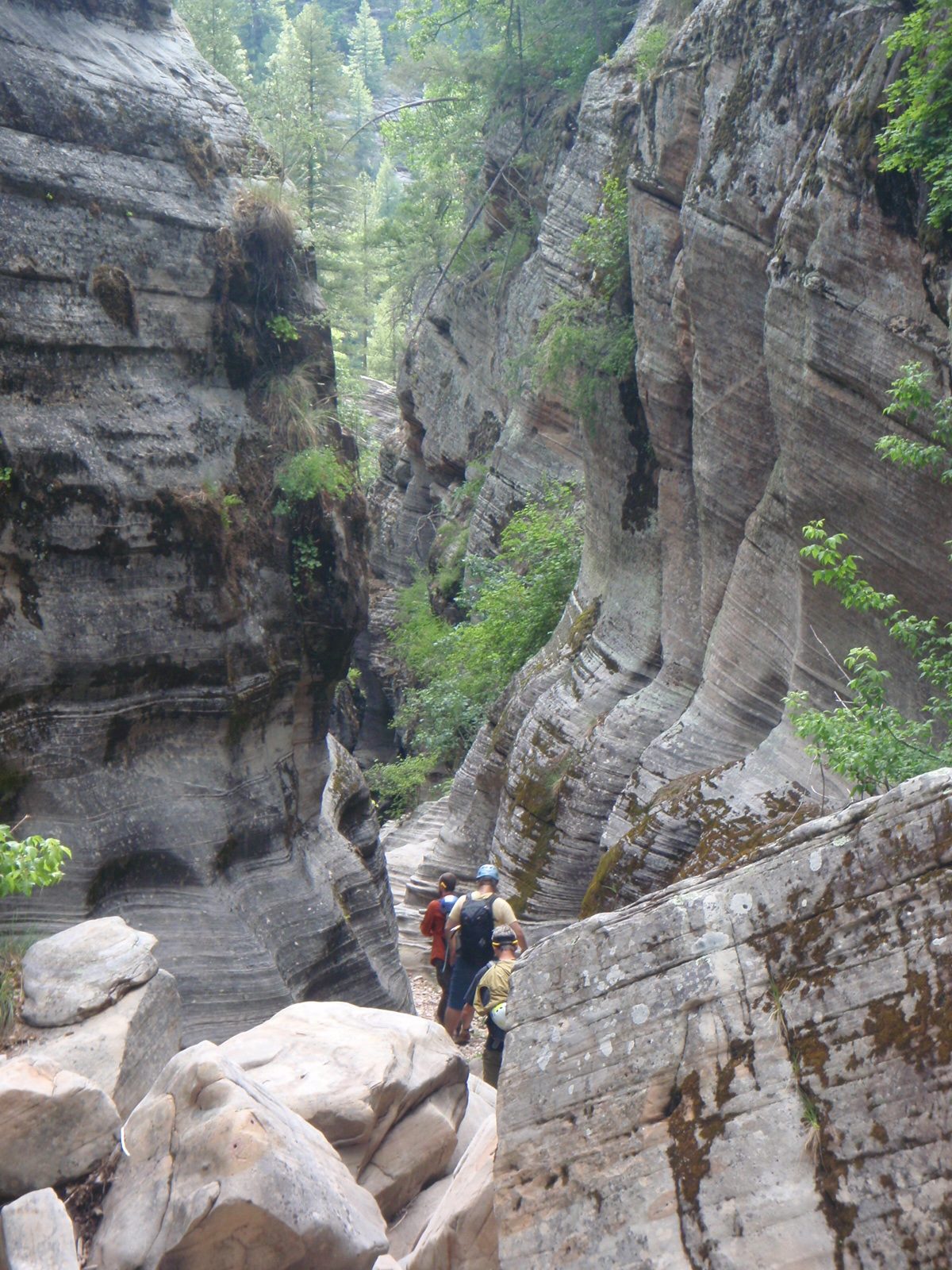 The canyon starts to slot up: Joel leads the way with Mike and Andy following close behind.
