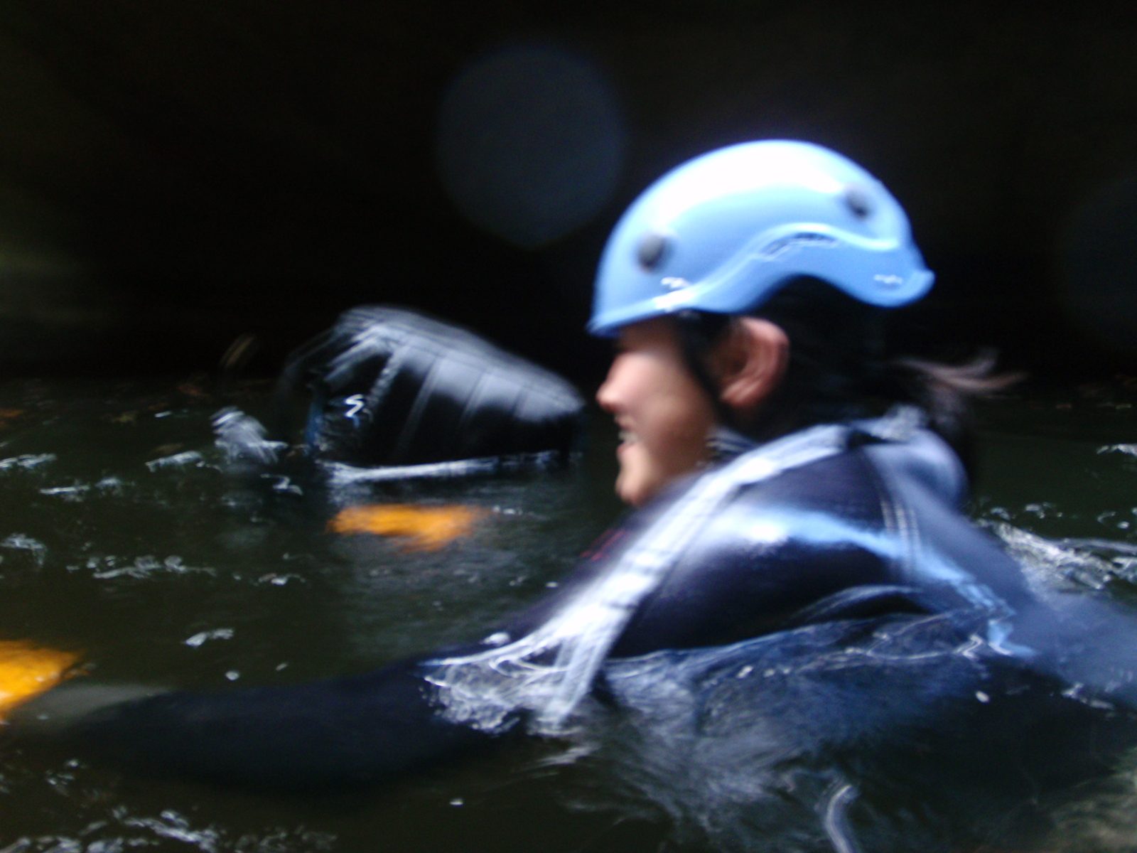 Monica swimming in an icy pothole.