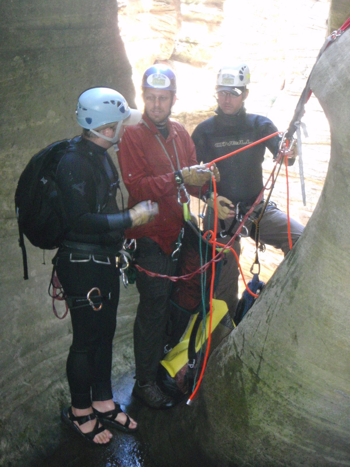Joel and Mike discuss tying our pull cord to the rope, while Andy listens in.  Andy volunteered...