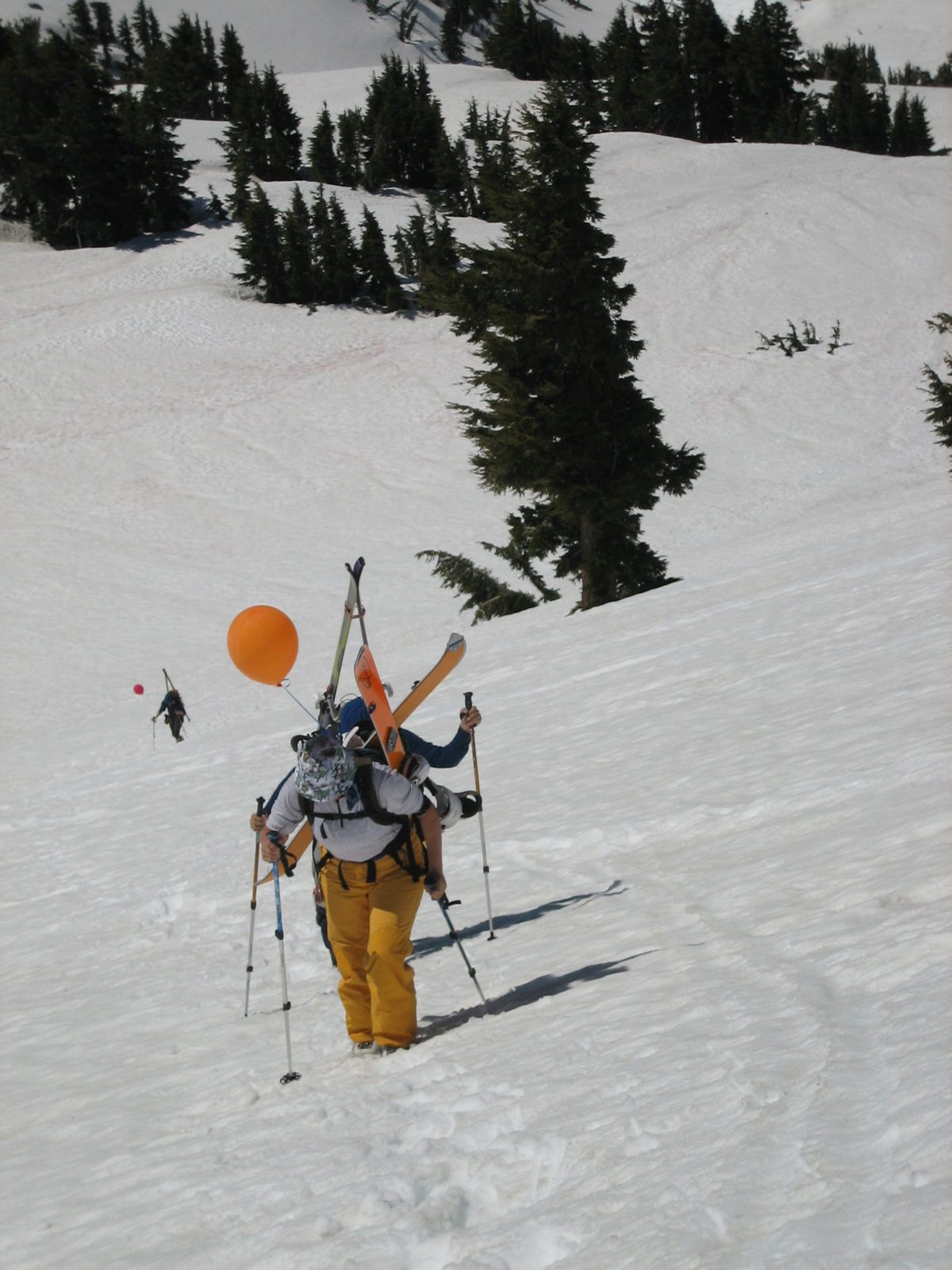 Catherine hiking uphill, new snowboard on her back.  Niels is behind.