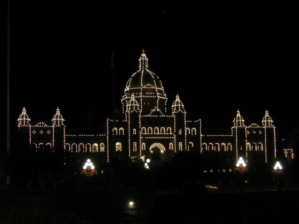 Am proud of this one:  the parliament building in Victoria Harbor outlined with lights.