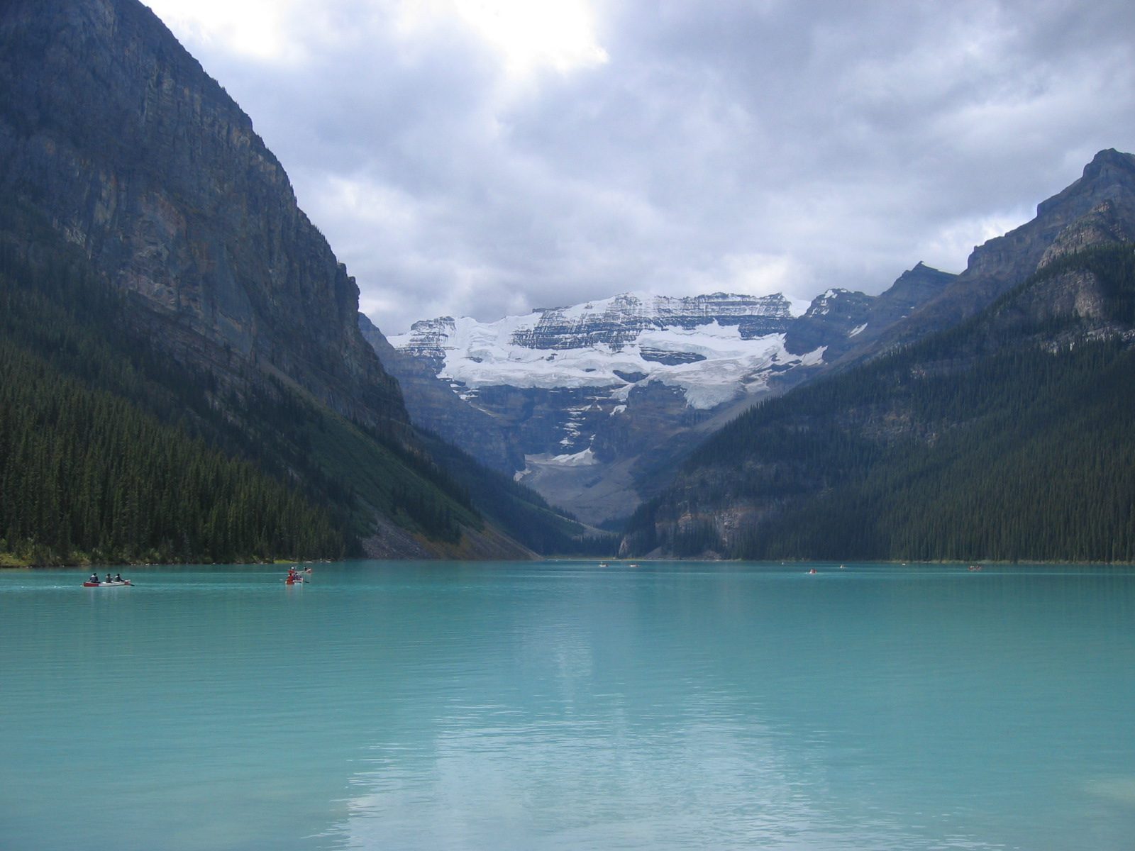 Lake Louise, fed by the glacier behind it.