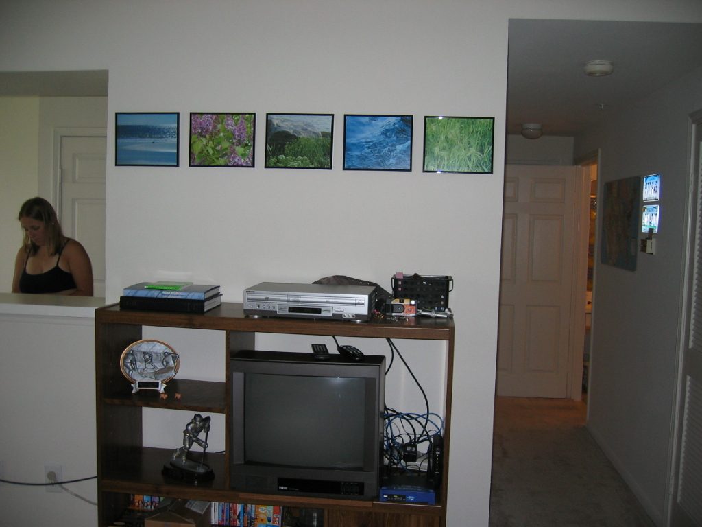 Entertainment center with five of Brooke's photos perfectly hung.
