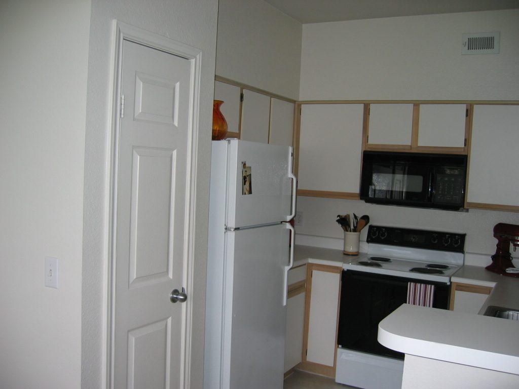 Kitchen showing full sized pantry next to the 'fride.