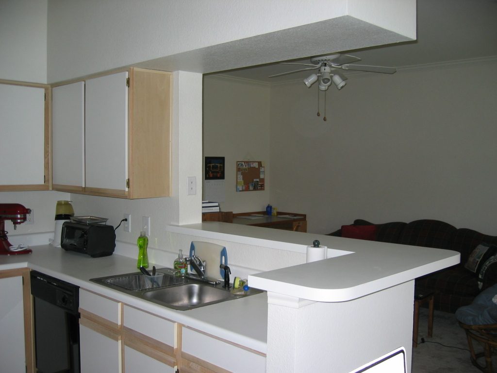 View through the open counter above the sink