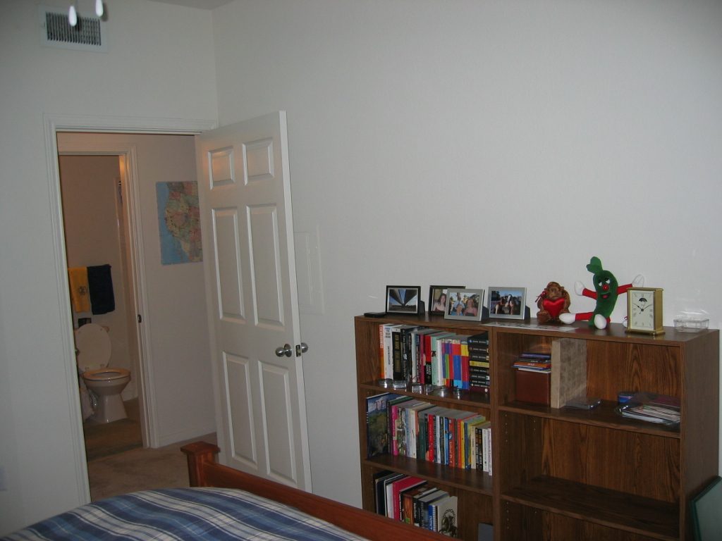 Book shelfs across from the bed