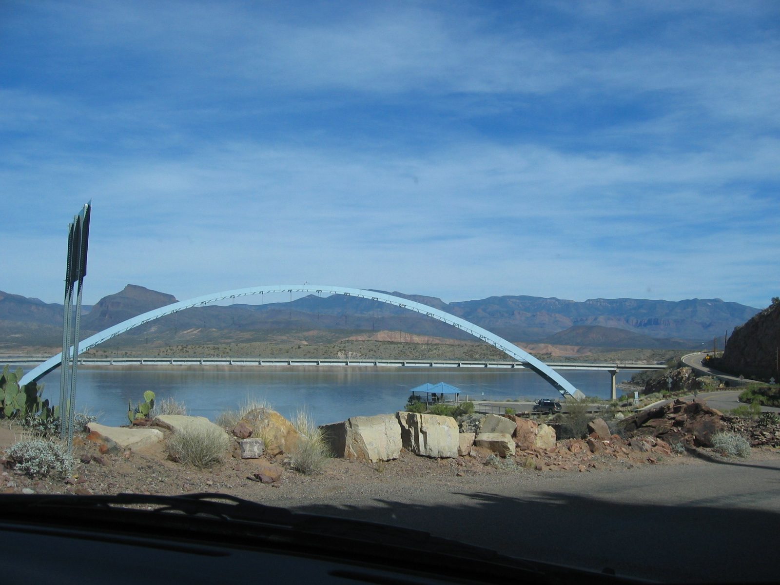 Beyond the dam is the "longest, two-lane, single span, steel-arched" bridge in NA" ... span is 1080'